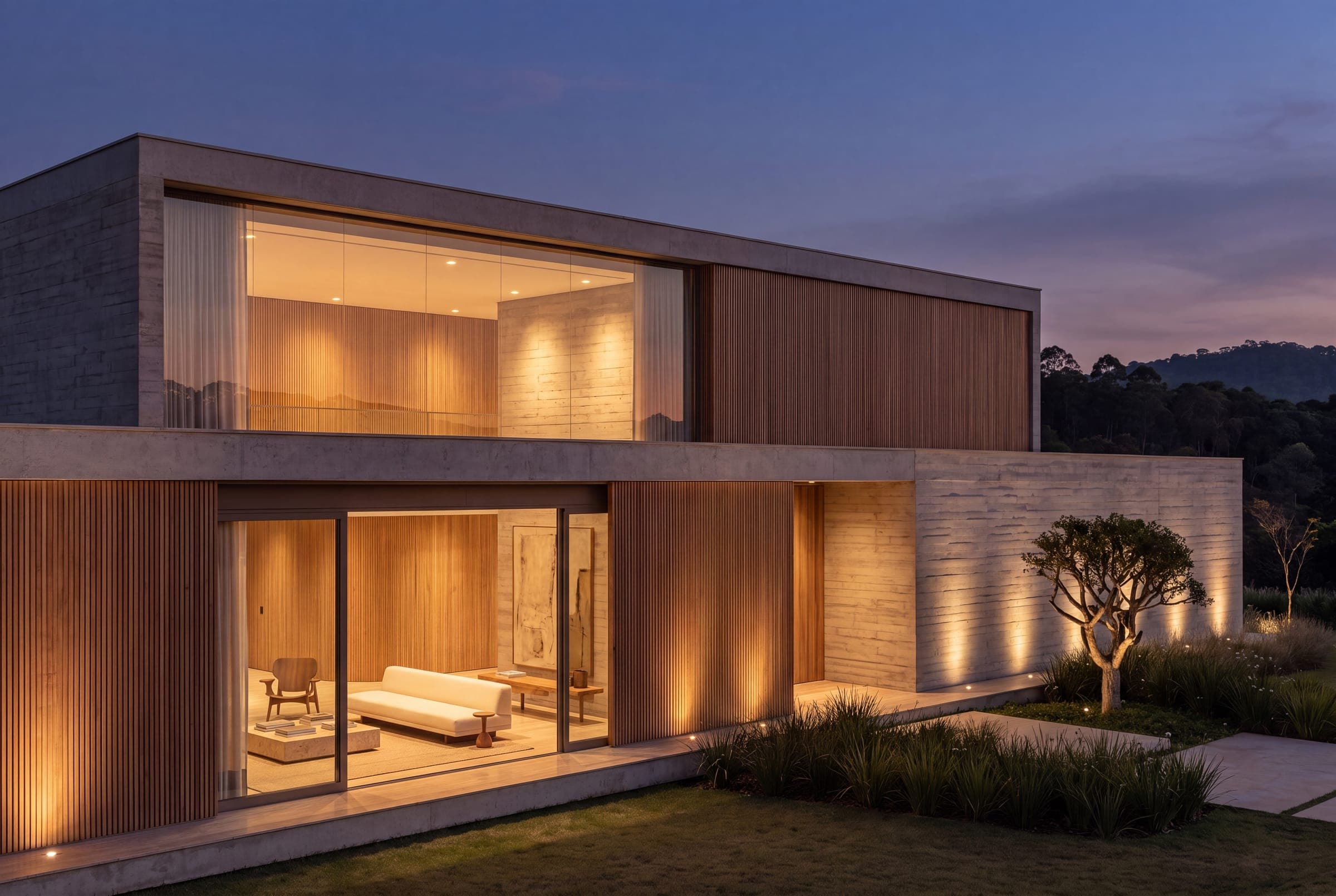 Residência contemporânea iluminada ao anoitecer, vista do jardim