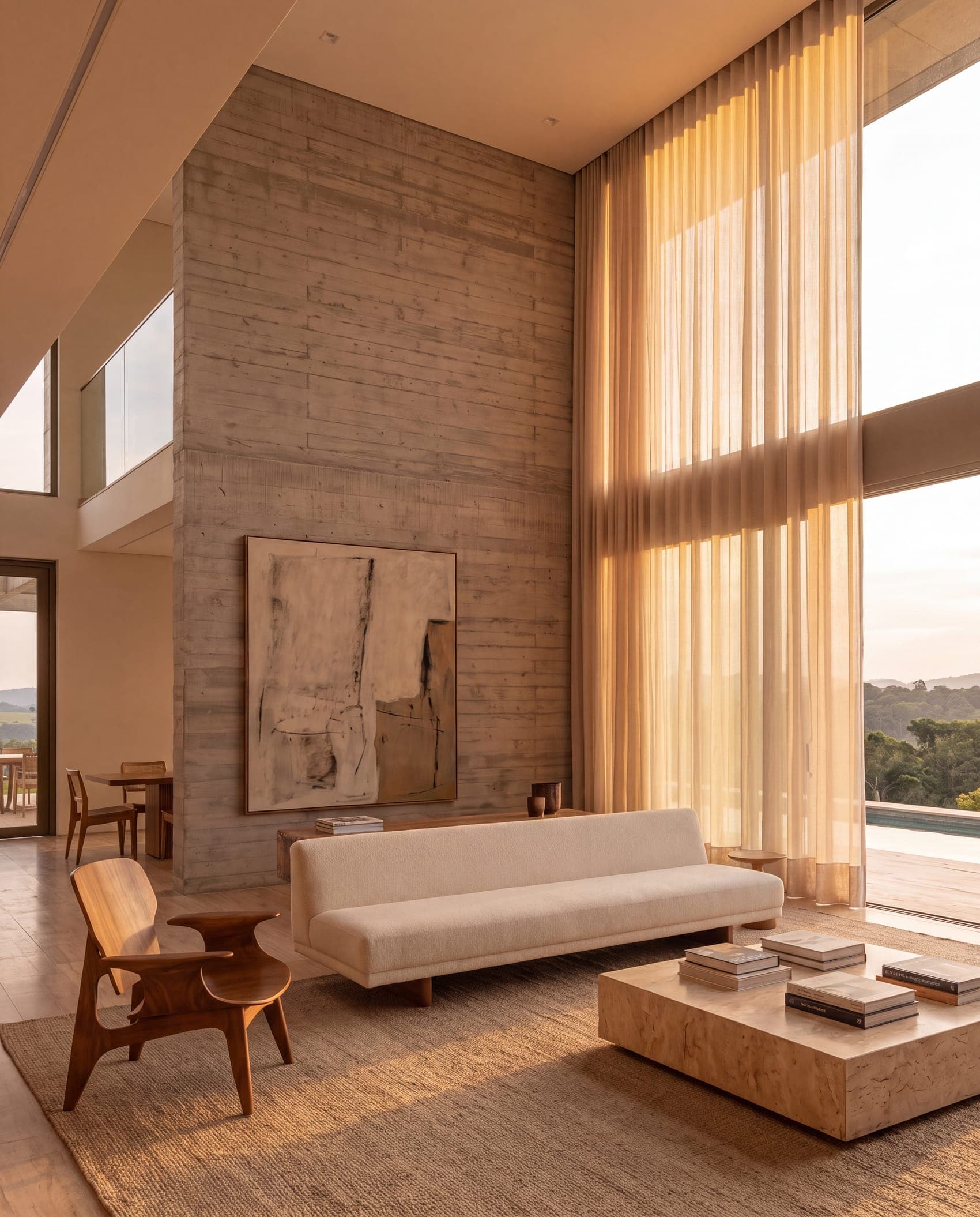 Living de pé-direito duplo com obra de arte e cortinas translúcidas