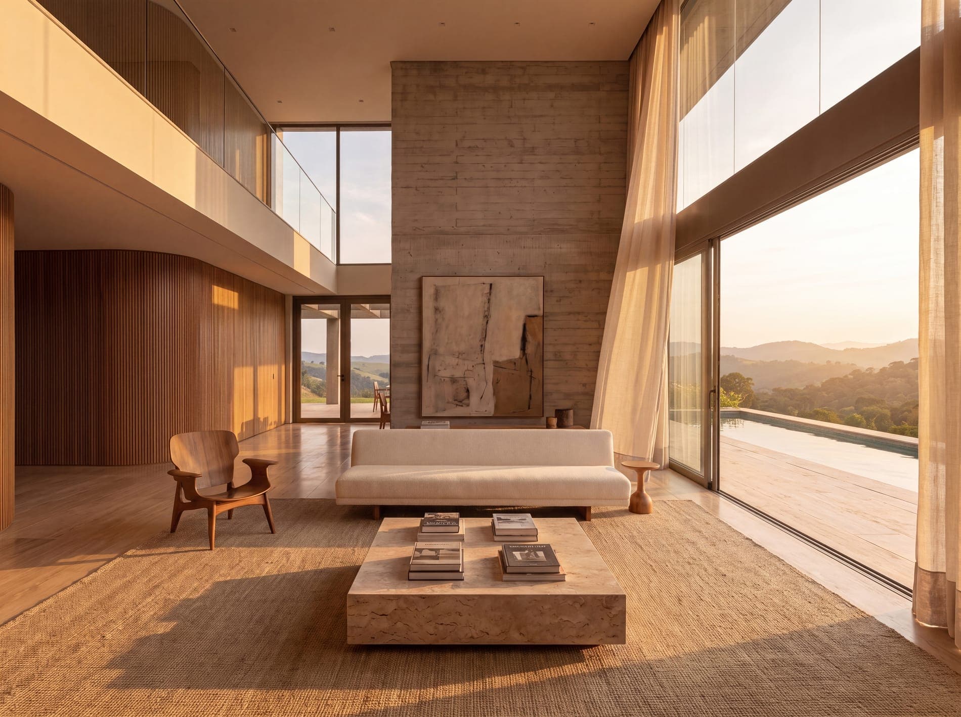 Sala de estar com sofá claro e mesa baixa de madeira diante de janela panorâmica