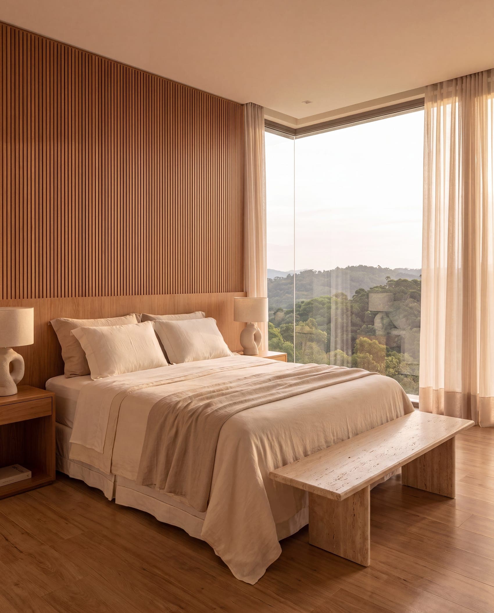 Quarto com cama de casal, roupa de cama clara e vista para a mata