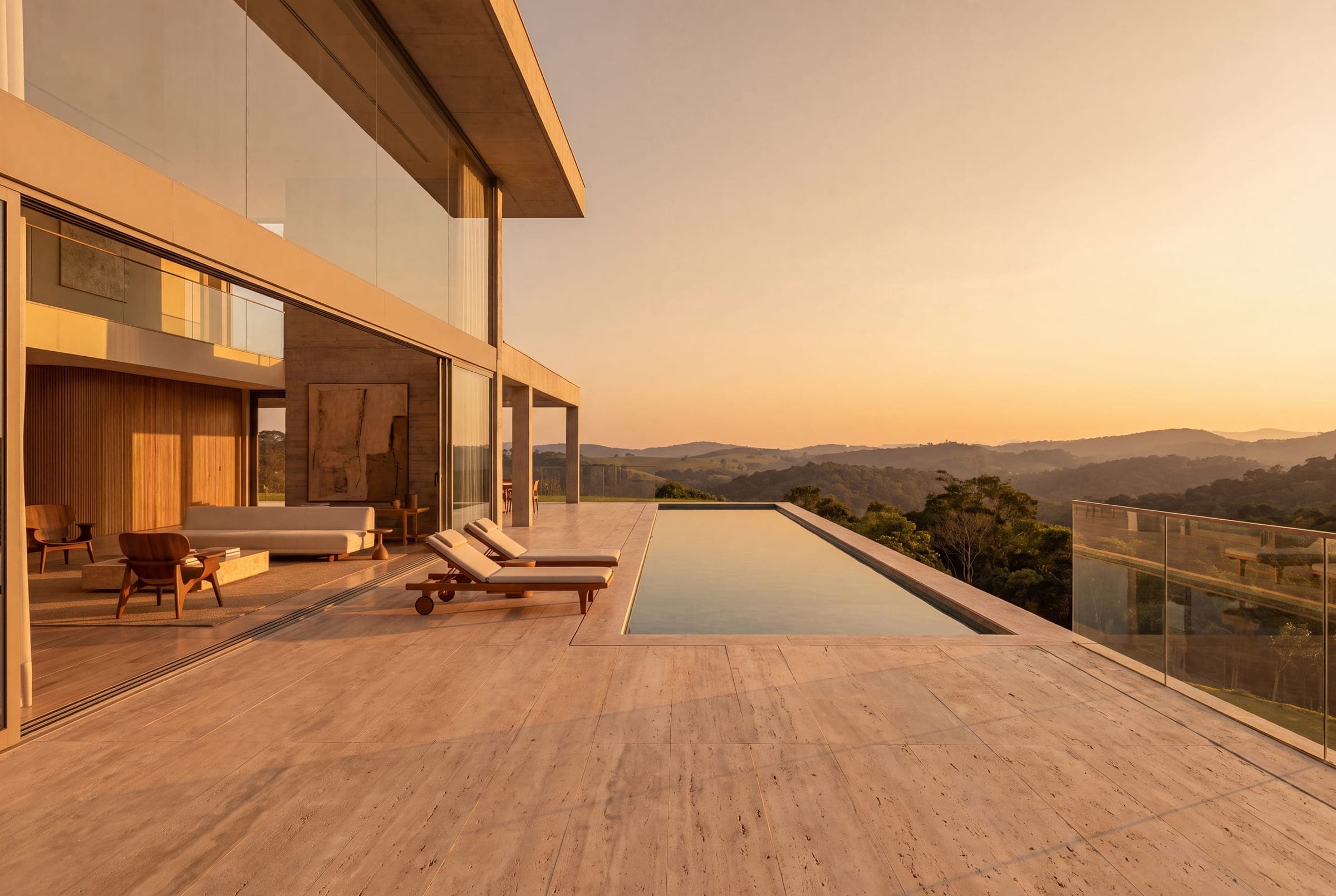 Terraço com piscina de borda infinita diante de serras ao pôr do sol