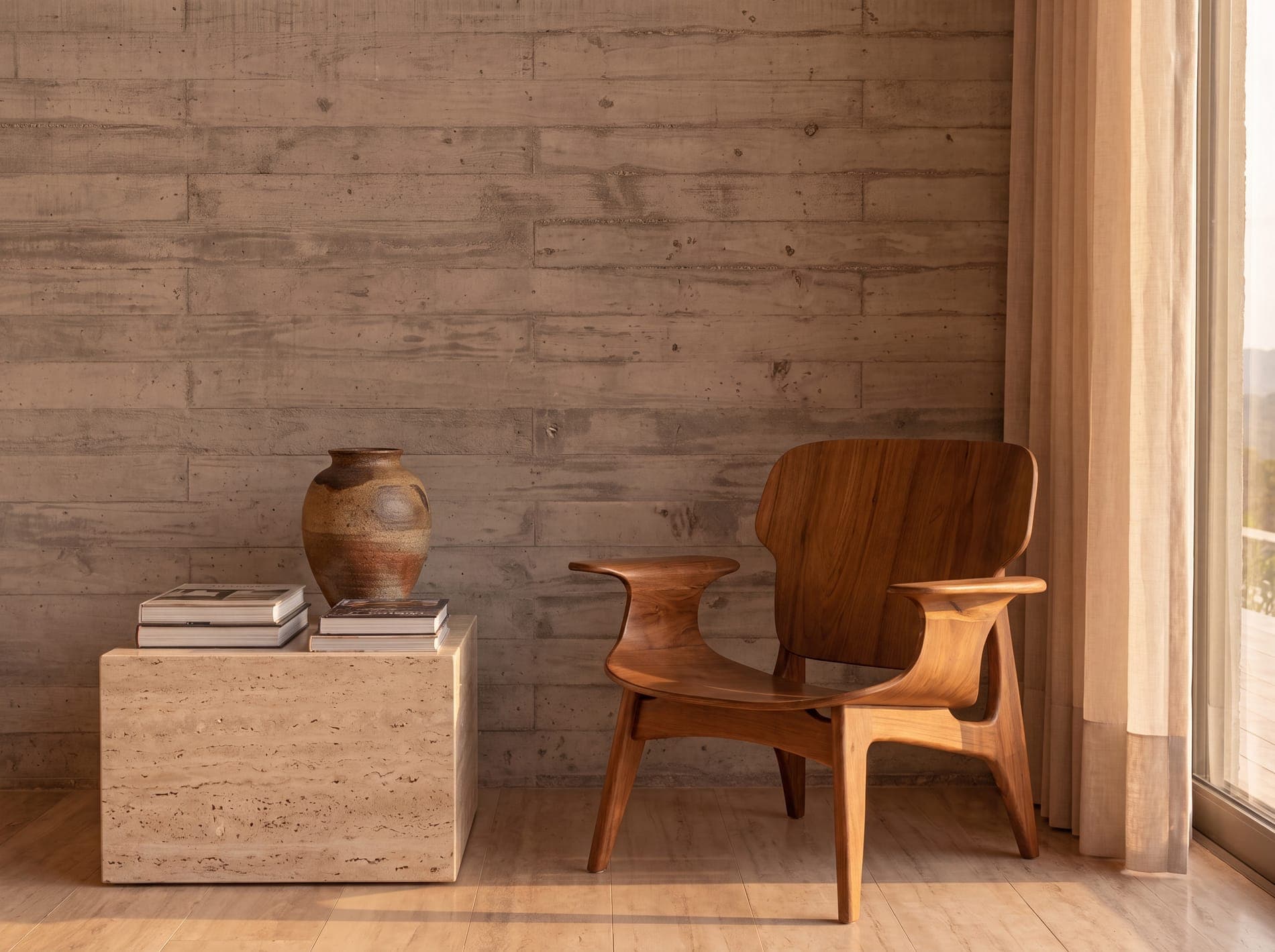 Composição editorial com poltrona escultural, mesa lateral de travertino e vaso de cerâmica.